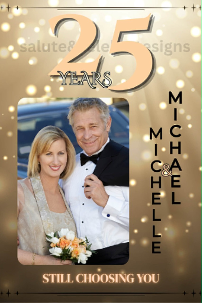 Watermarked gold 25th anniversary poster for Michelle and Michael